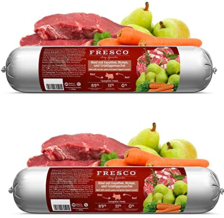 FRESCO Dog Barf Wurst Rind mit Karotten, Birnen & Grünlippmuscheln I Doppelpack I 2 x 400 g I Ergänzungsfutter für Hunde I Hoher Proteingehalt I Ohne Zusatzstoffe