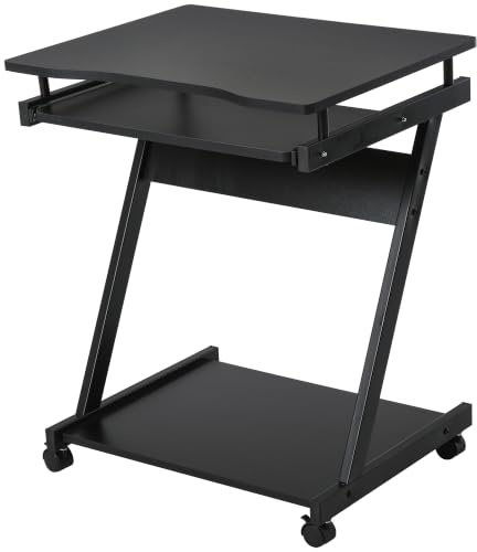 HOMCOM Schreibtisch Computertisch mit 4 Rollen PC-Tisch in Z-Form Platzsparend Stabil mit Tastaturablage Spanplatte Metall Schwarz 60 x 48 x 73 cm