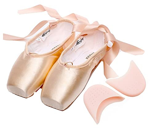 Satin dansskor med elastiskt band och tåskydd för ballerinor flicka dam, Bar med silikonlock, 35 EU
