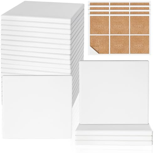 Ceramic Tiles for Crafts, GOH DODD 24 PCS Unglazed Blank Coasters with 24 PCS Cork Backings for Painting, Alcohol Ink, Acrylic Pouring, Decoupage, Arts, DIY Craft Gifts, Square, 4 Inch, White