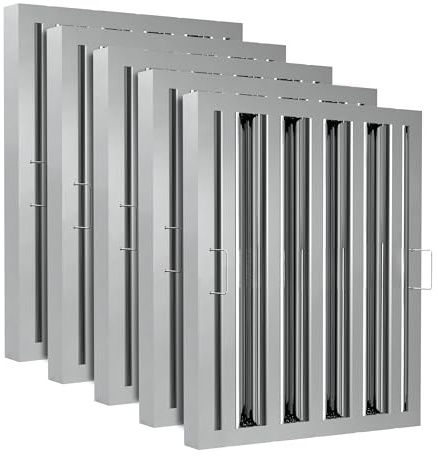 Stainless Steel Commercial Kitchen Hood Filter, Range Hood Baffle Grease Filter for Restaurant Exhaust Hoods, UL/NSF Listed, 15.5 W x 19.5 H Inch 4 Grooves Hood Filters（5 Pack）