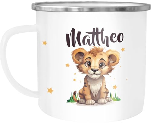 SpecialMe® Kinder-Tasse Emaille Kunststoff Kleiner Baby Löwe Name Namenstasse personalisierte Geschenke Jungen Mädchen Emaille-weiss-silber standard