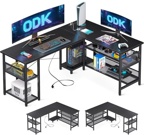 ODK L Shaped Gaming Desk, 150 x 102 cm Reversible Computer desk with 2 Sockets and 2 USB Charging Ports, Corner Desk with Storage for Home Office Black
