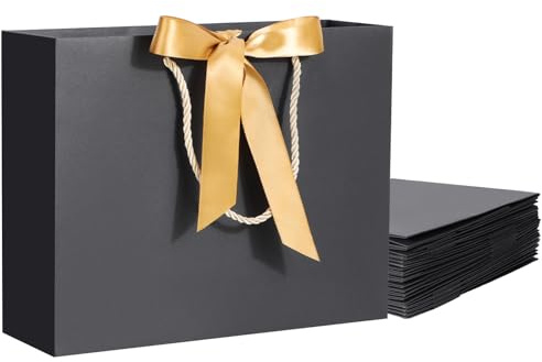 EUSOAR Geschenktaschen mit Henkel - 10 Stück Papiertüten mit Bogen Band - 27x8x21cm Geschenktüte Gift Bags - 250GSM Papier Tüten Geschenktasche Tragetaschen Hochglanz, Schwarz