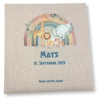 Tenii® Fotoalbum personalisiert Baby, Kind Regenbogen Tiere Leinen, Erinnerungsalbum (25x25cm - 60 Seiten)
