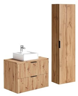 Vente-unique-Mobile per bagno sospeso con scanalature e lavabo da appoggio le chiaro 80 cm - ZEVARA