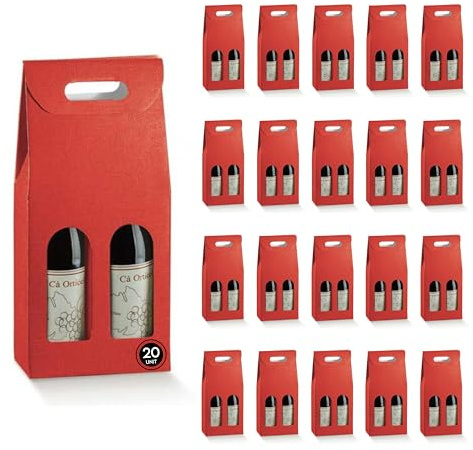 20 x rote Pappschachteln mit Fenster und Trennwand für 2 Weinflaschen, 18 x 9 x 38,5 cm – Verpackung für Weinflaschen, für Geschenke zu Weihnachten, Ostern, Geburtstag, für Weinkeller