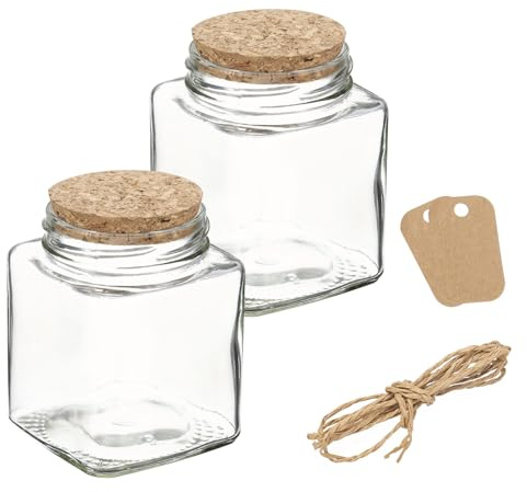 sourcing map 2 barattoli di vetro quadrati da 280 ml con tappo in sughero, bottiglia trasparente con spago ed etichette vuote, per decorazioni di Halloween, bomboniere per matrimoni