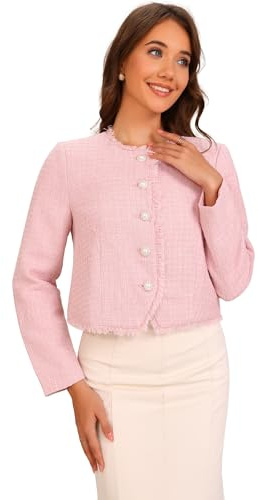 Allegra K Donna Giacca in Tweed Scozzese per Giacche da Lavoro Eleganti con Bottoni Corti E Girocollo Rosa XL