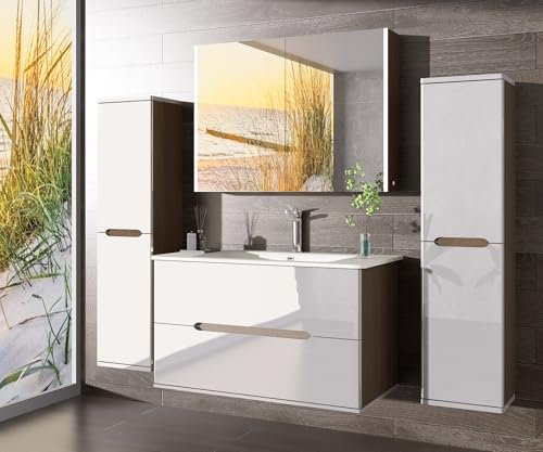 Badezimmermöbel Set Badmöbel Hochglanz Eiche/Weiß inkl. LED Spiegelschrank Waschbecken 90cm (90, 4, 1x Hochschrank)