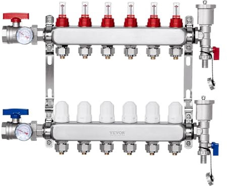 VEVOR Colector de Calor Radiante de 5 Derivaciones, Colector de Tubería PEX de Acero Inoxidable SUS304 para Calefacción por Suelo Radiante Hidrónico, con Adaptadores, 440 x 370 x 110 mm, 0-5 L/min