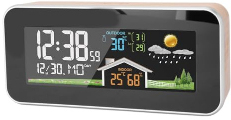 Väderprognosklocka Av trä med LCD-Färgdisplay, Trådlös Digital Väckarklocka och Temperatur-fuktighetssensor Färgdisplay Väderstation för inomhus- och Utomhusbruk