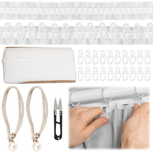 Gardinenband zum Aufnähen 30m x 2.5cm Gardinenband Kräuselband Kräuselband Gardinen Gardinenband zum Aufnähen mit 100 Vorhanghaken Universalband Vorhang Bänder Faltenband