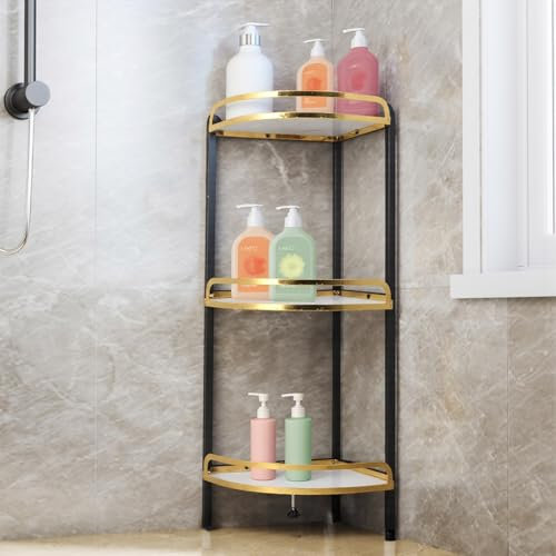 Liwankaqi Duschregal Ecke,3-Tier Badregal Stehend Ohne Bohren Kann Bis zu 35 kg Tragen,Eckregal Stehend Hergestellt aus Verdicktem Material, Langlebig für Bad, Küche (Gold)