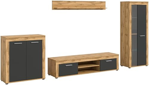 xonox.home - 4tlg. Kombination Jam 35x330x159 cm in Front grau Nb Korpus/Absetzung Wotan Eiche Nb - Wohnkombination Wohnwand Wohnzimmermöbel Wohnzimmerschrank - modern und funktional