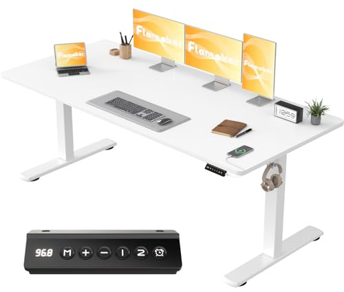 Flamaker Höhenverstellbarer Schreibtisch Ganze Tischplatte 160 x 60 cm, Schreibtisch Höhenverstellbar Elektrisch mit Memory Steuerung, Gaming Tisch mit Sitzende Erinnerung und USB-Aufladung (Weiß)