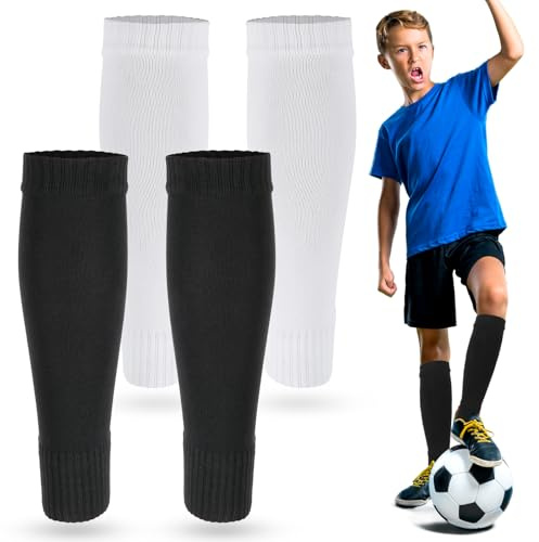 Tyqour 2 Pairs Football Sock Sleeve for Youth Boys Footless Football Socks Shin Compression Leg Sleeves for Shin Guard Sleeves for Age 7-14 Children Basketball Training (White, Black)
