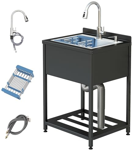 Kit Lavello Cucina Nero 65x52x100 cm, Lavandino Commerciale con 1 Vasca, Supporto e Rubinetto Inclusi, per Interni ed Esterni, Giardino e Campeggio