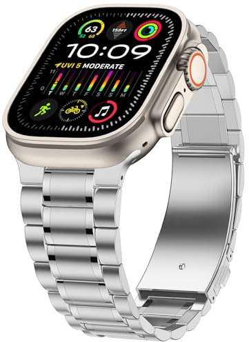 Dolstrap Armband i rostfritt stål kompatibelt med Apple Watch 49/46(Serie 10)/45/44/42 mm, herr/dam metallband, kompatibelt med iWatch Ultra 2/1 serie 10 9 8 7 SE 6-1, silver