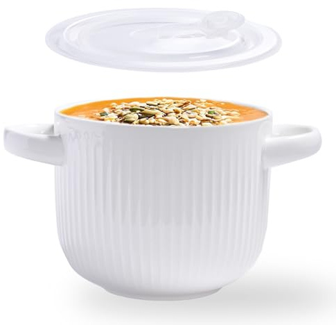 Ceramic Soup Bowl with Handles, 24 oz French Onion Soup Crock Oven Safe, Microwavable Bowl with lid for Cereal, Pasta, Ramen and Chilli, Dishwasher Safe - White