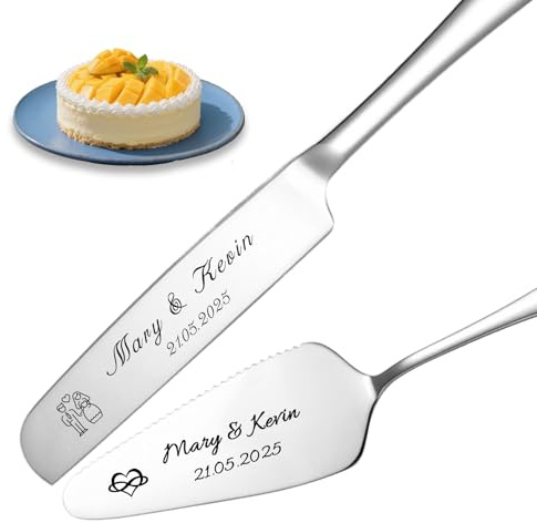 QSZ Personalisierte Tortenheber inkl Tortenmesser im Set mit persönlicher Gravur Name und Text Tortenschaufel Hochzeit Personalisiert als Geschenk zur Hochzeit Jahrestag Geburtstag (Silber)
