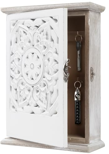 Cassetta Portachiavi in Legno con Cavità Europee, Parete Vintage Porta Chiavi Muro con 6 Ganci Chiavi, Porta Chiavi Ingresso Casa per Keys, Gioielli, Piccoli Oggetti, Corridoio, Ufficio (Bianco)