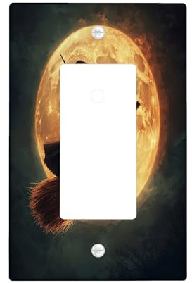 Halloween Black Cats Decorative Light Switch Cover Plate 1 Gang Single Rocker, Witch Broom Moons Kitten Electrical Faceplate for Kitchen Bathroom, Pet Switchcover Decor