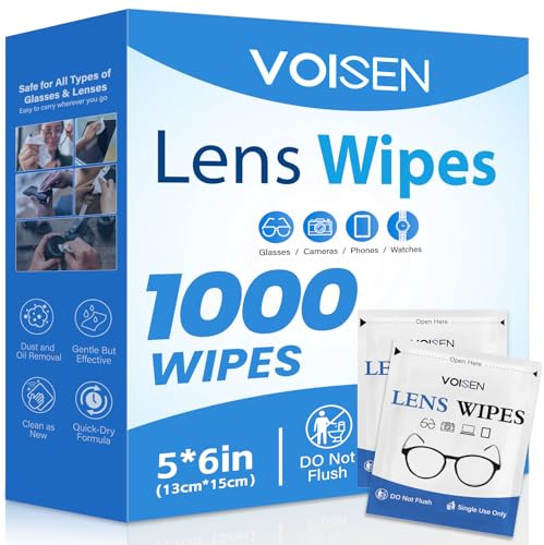 VOISEN Lens Wipes for Eyeglasses,1000 Pack Eye Glasses Cleaner Wipes,Pre-Moistened Individually Wrapped Lens Wipes,Non-Scratching Non-Streaking,Safe for Eyeglasses, Goggles, Camera Lens, Phone