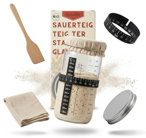 HeldenPilz® Kit Bocal Levain 600ml — Bocal Fermentation en Verre avec Couvercle Silicone, Spatule & Thermomètre | Kit Pain au Levain Maison | Qualité Allemande | Idéal Cadeau Boulangerie