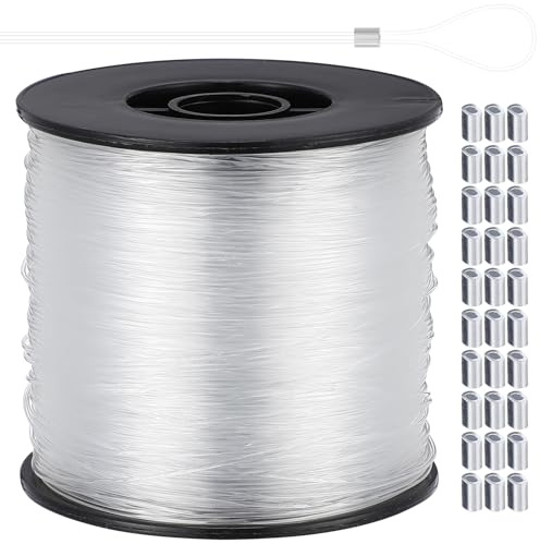 WOONEKY Cordón para Colgar Cuadros de Nailon Transparente 080 MM 200 Metros 60 Anillos de Aluminio Cuerda Resistente para Marcos de Fotos y Decoración Oficinas y Dormitorios