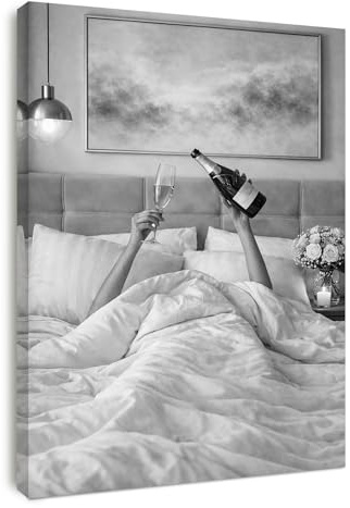 Alptiny Wandbilder Wohnzimmer mit Rahmen 30x40 cm, Schwarz Weiß Leinwand Bilder Champagner im Bett, Modernes Wandbild für Schlafzimmer Wohnzimmer, mit Klettverschluss & Haken
