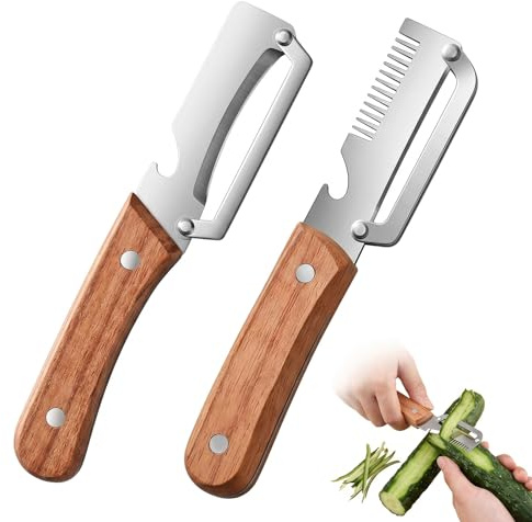 MYZWEL Set 2 Pezzi Pelapatate e Taglia Verdure - Coltello Affetta Verdure in Acciaio Inox con Manico in Legno, Pelapatate Multifunzione per Cavolo, Patate e Carote, Affetta Zucchine Professionale