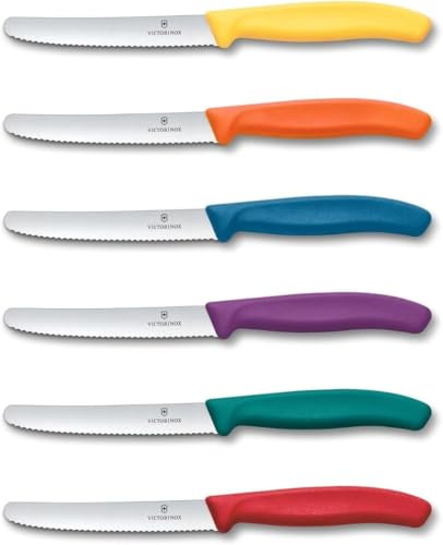 Victorinox | Küchenmesser-Set | 6 Stück Bunter Mix | Klingenlänge: 11cm | Extra scharfer Wellenschliff | Tafelmesser mit ergonomischen Griff