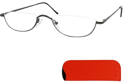 Mini Brille - Lunettes de Lecture Demi-Lune Style Vintage, Boite Lunette Inclus, Cadre en Acier Inoxydable (Gris) Lunette Homme et Femme +2,5 Dioptrie