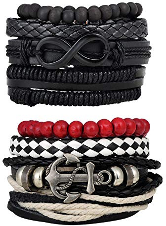 Feilok Juego de 4/8 pulseras de piel para hombre, pulseras de piel, infinito, ancla para mujer, longitud trenzada, elástica, pulsera de perlas de madera, ajustable, 17 cm, Cuero, Perla