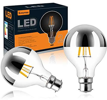KOOYWAN Vintage LED Light Bulb-B22 Bayonet Dimmable Silver Crown Mirror Half Chrome Reflected Anti-Dazzle G80/25 Globe Shape Bulb 2700K Warm White Energy Saving Light Bulb 6W Pack of 2