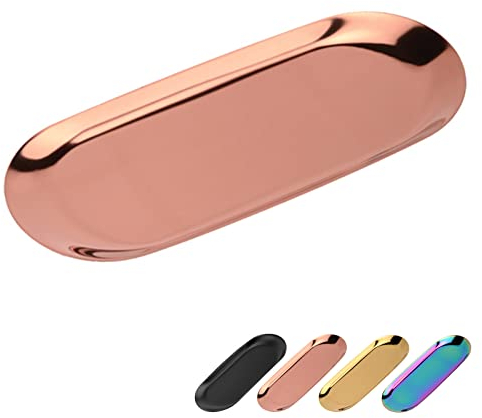 Bymivofun Ovales Tablett, Ovale Kosmetiktabletts, Edelstahl-Aufbewahrungstabletts, für Schmuckaufbewahrung, Snacks, Teeverkostung, Kerzen, Teller - 23x9,5cm (Roségold)