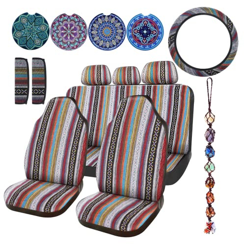 Frienda Baja - Juego Completo de 14 Fundas para Asiento de Coche, diseño de Rayas Multicolor con Estampado Bohemio, Funda para cinturón de Seguridad, Adorno Colgante de Cristal, Soportes para Coche