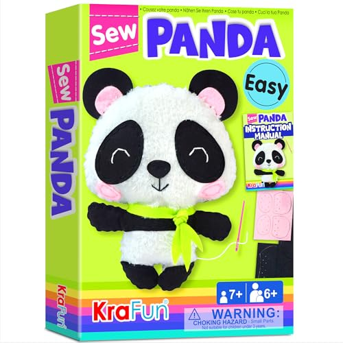 KRAFUN Panda Sewing Kit for Kids Ages 7-12, Beginner Craft Set with Panda Stuffed Doll, Plush Felt Materials, Instructions, Embroidery Supplies, Pre-Punched Fabric