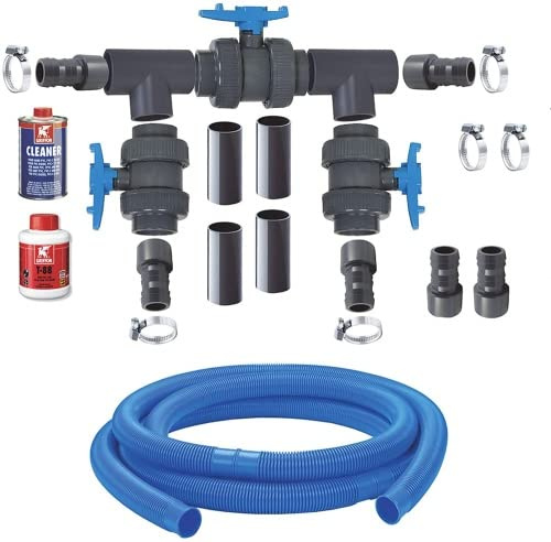 Pondlife Bypass Pool Anschlussset für Wärmepumpe, Komplettset mit PVC-Kugelhähnen, T‑Stücken und Zubehör, Ø50 mm & 38 mm Schlauch, inkl. PVC‑Kleber & Reiniger, Schwarz/Dunkelgrau