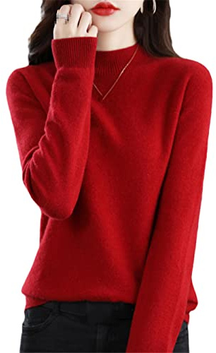 Pullover en 100% laine mérinos Youllyuu pour femme - Col montant - Tricoté - Manches longues - Top uni, Couleur : bordeaux, M