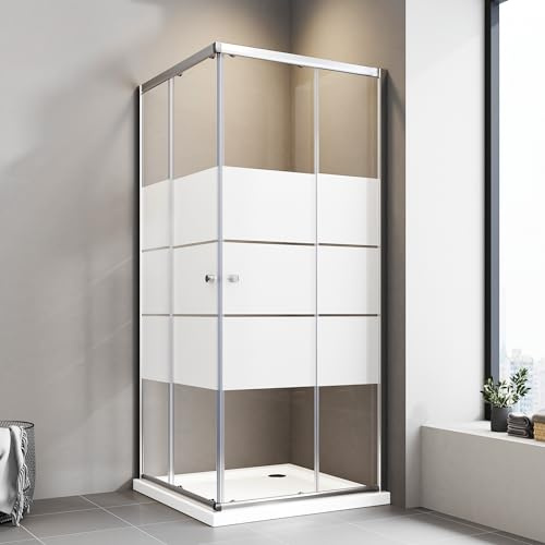 Duschkabine 80x80 cm Schiebetür Eckeinstieg Duschkabine mit Schiebetüren 5mm ESG Milchglas Streifen Duschschiebetür Eckeinstieg Duschabtrennung Duschwand Höhe 185cm