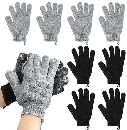 Exfoliating Gloves for Big Hands 8Pack- Lengthened and Large Double-Sided Shower Gloves(4Pairs/8Pcs) for Shower, Spa, Massage - Large Bath Gloves (4Pcs Black and 4Pcs Gray)