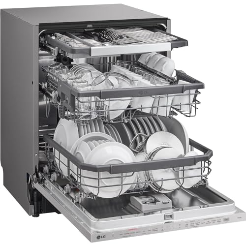 LG QuadWash DB365TXS Lavastoviglie da Incasso a Scomparsa Totale, Serie 3, Classe B, 14 coperti, 4 Bracci Irroratori, Vapore, Cerniere Sliding, Apertura Automatica, 3° Cestello, Wi-Fi, Acciaio