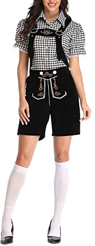Oktoberfest Damen Outfit - Trachtenhemd Lederhose Tracht Kariertes Hemd Jumpsuit Bayerisches Oktoberfest Kostüm Set für Halloween Dress Up Party Karneval Wiesn und Bierfest Bier Bühnenshow
