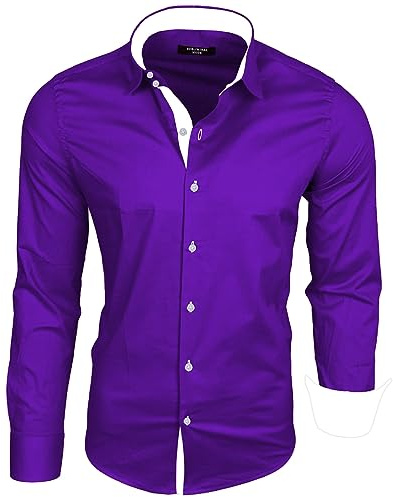 Subliminal Mode - Chemise Homme Coupe Ajuster Col et Manche Bicolore avec Un Repassage Facile Manches Longues Casual S500