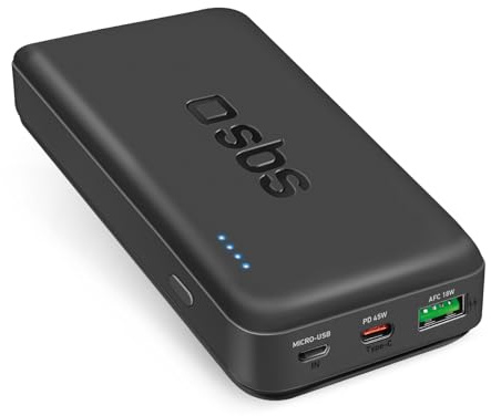SBS Power Bank compatto da 20.000 mAh, caricabatterie portatile Power Delivery 45W, caricatore con 2 Porte USB-A e USB-C, ricarica lo smartphone fino a 8 volte, cavetto incluso, trasporatbile in aereo