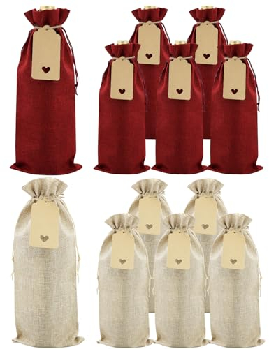 12 Stück hochwertige Jute Weinbeutel und 12 Stück Geschenkanhänger, Wiederverwendbare Sackleinen Wein-Geschenkbeutel, Weinflaschenbeutel, Weinbeutel für Hochzeit, Party, Blindverkostung