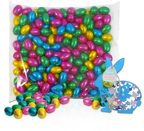 Easter Mini Eggs Chocolate Bulk - Hamper of Solid Milk Chocolate 1kg Colourful Mini Eggs & Topline Wooden Decoration. Great for Easter Gifts, Egg Hunt, Party Bag Fillers