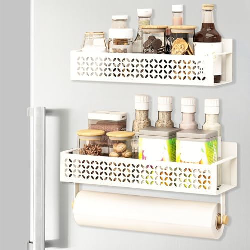 Janxin Kühlschrankmagnete Gewürzregal, Küchenregal Ohne Bohren, Kühlschrank-Magnet-Organizer, Magnetisches Regal Kühlschrank, Fridge Magnets Shelf, Mit Papierhandtuchhalter (Weiß)